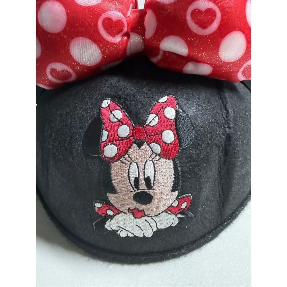 Disney Minnie Mouse Ears one size Black Mouseketeers Hat Red Polka Dot Bow Patch